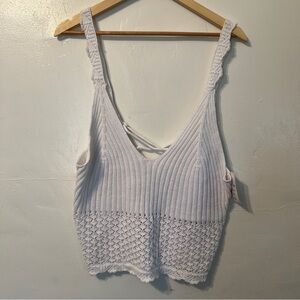 Forever 21 White Woven Knit V‑Neck Crochet Hem Cropped Tank Top